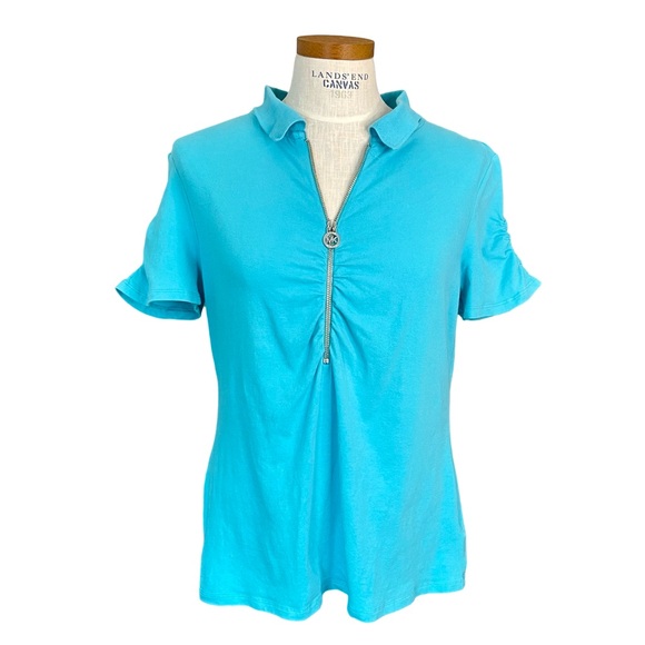 MICHAEL Michael Kors Blue Ruched Quarter Zip Short Sleeve Stretchy Top SzXL - Picture 1 of 8